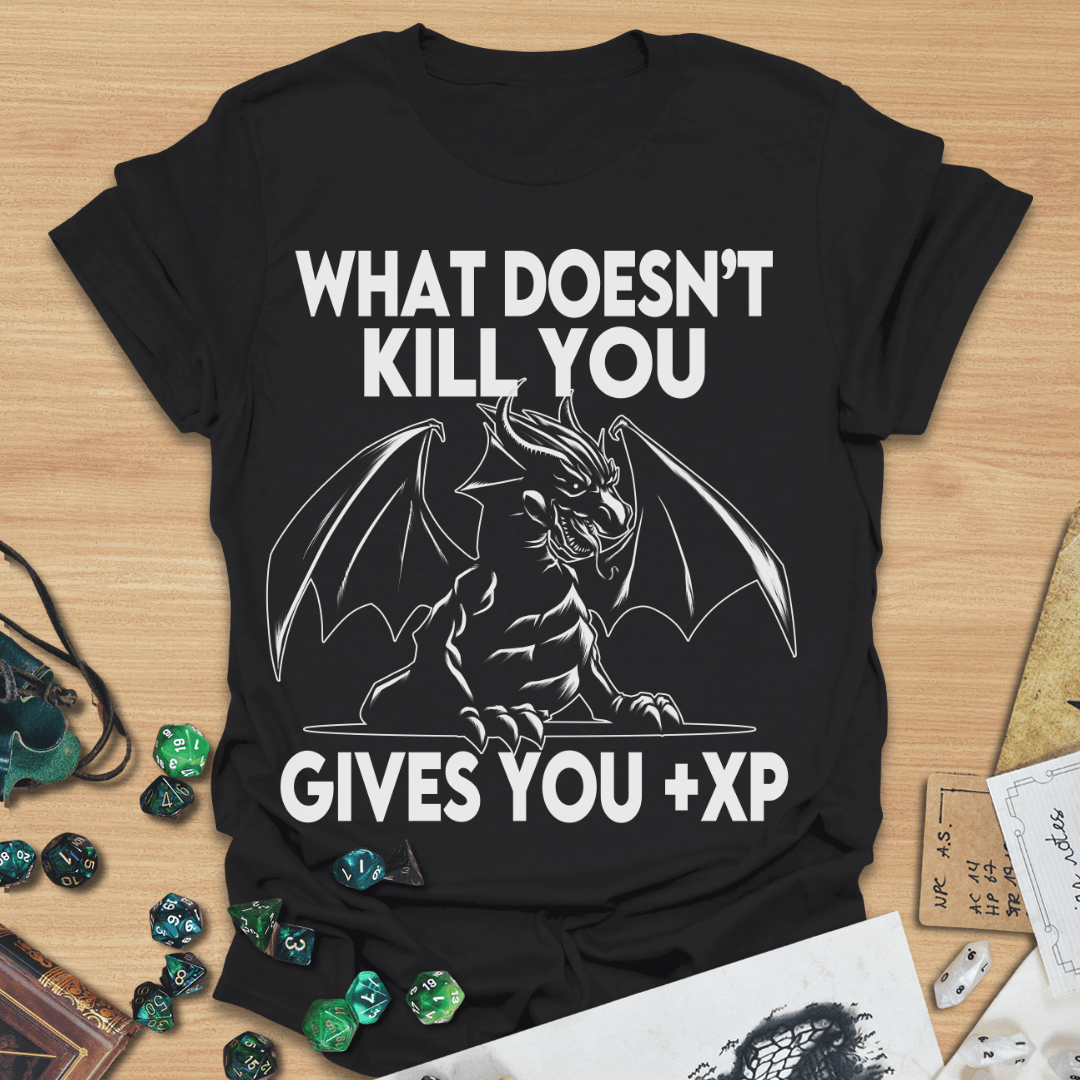 What Doesn't Kill You Gives You +XP Woodblock Dragon T-Shirt
