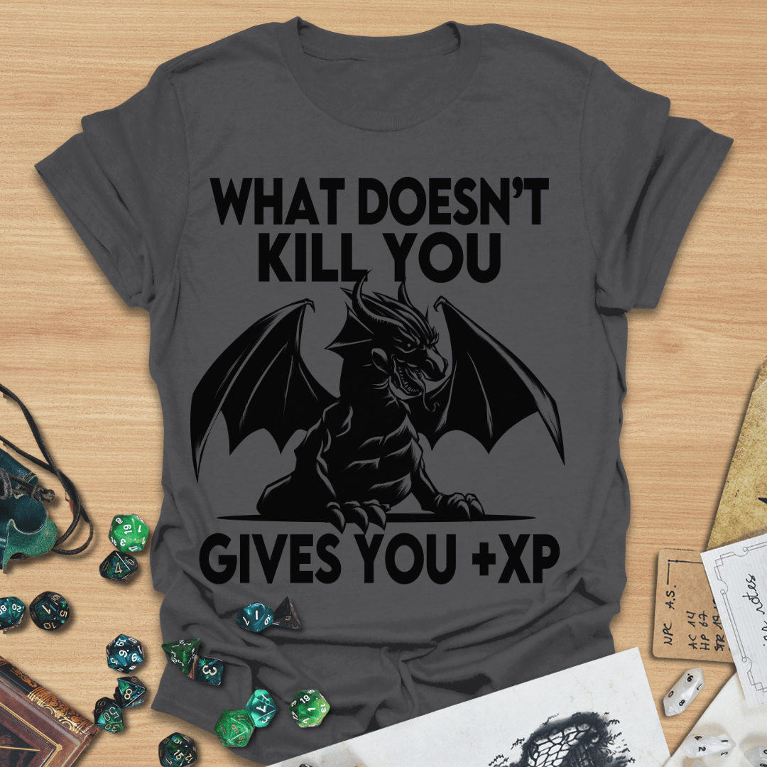 What Doesn't Kill You Gives You +XP Woodblock Dragon T-Shirt