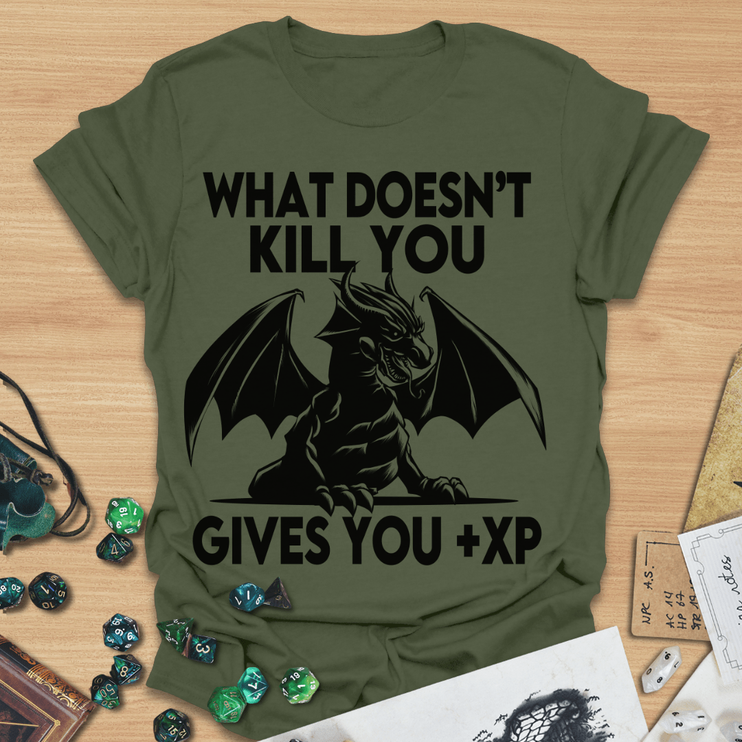 What Doesn't Kill You Gives You +XP Woodblock Dragon T-Shirt
