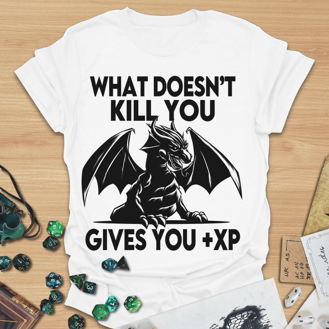 What Doesn't Kill You Gives You +XP Woodblock Dragon T-Shirt