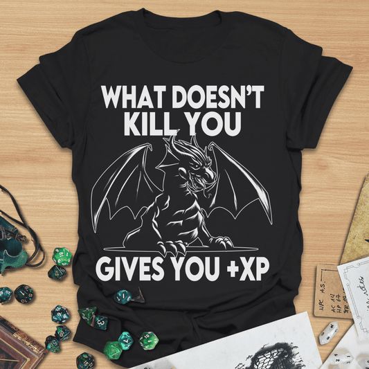 What Doesn't Kill You Gives You +XP Woodblock Dragon T-Shirt